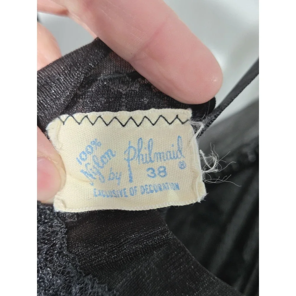 1960s Philmaid Full Slip Dress Womens‎ 38 Black Vintage Embroidered Mesh Trim